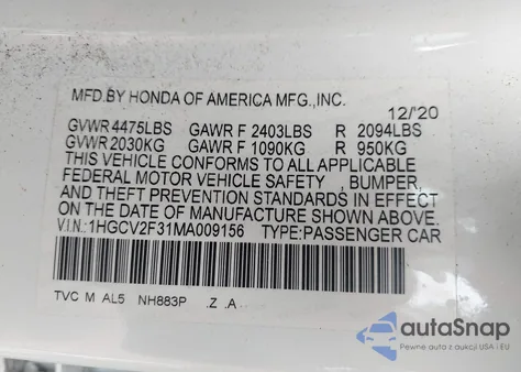 2021 Honda Accord Sport 2.0T из США, поврежденный, VIN 1HGCV2F31MA009156